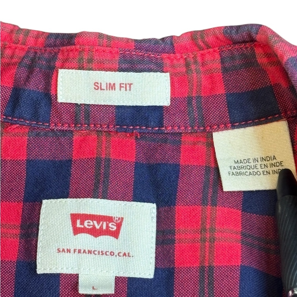 Levi’s Slim Fit Plaid Button-Down Shirt Red Navy Cotton L Unisex Fall Cabincore - Picture 8 of 11